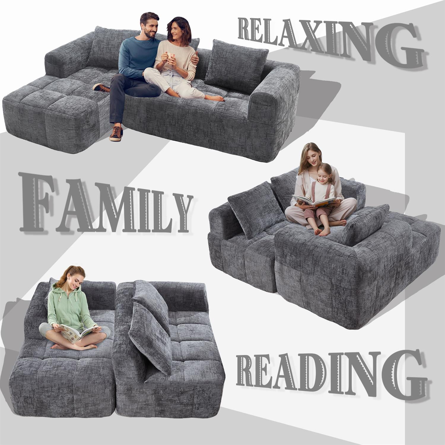 Demi Bonn 98" L-Shaped Modular Sectional Sofa with Chaise, Side Pockets, Modern Comfort Couch, Compression-Free Installation for Living Room, Gray