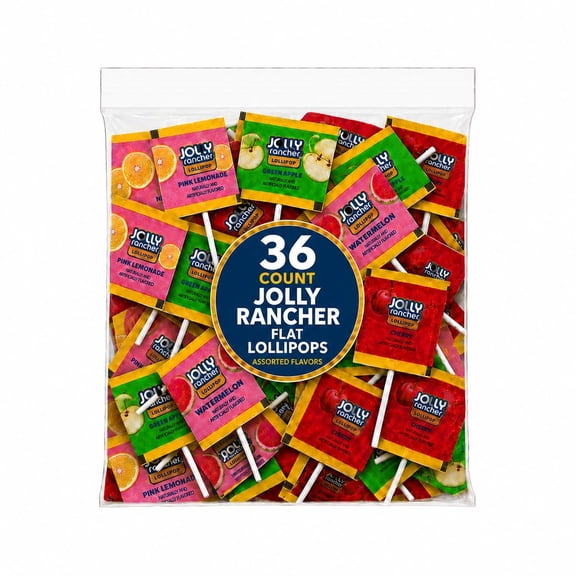 Jolly Rancher Flat Lollipops (Suckers) – 36 Count Variety Pack – Watermelon, Pink Lemonade, Green Apple, Cherry – Individually Wrapped Fruity Candy