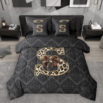 Homewish Bow Letter Monogrammed S 7-Piece Twin Bedding Sets for Teens,Leopard Print Bedding Comforter Set,Abstract Bohemian Damask Breathable Sheet Sets,Breathable Home Decor,Reversible