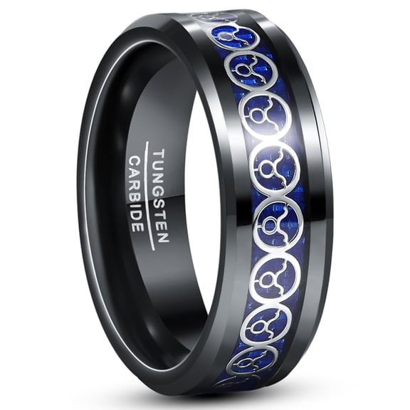 8mm Men's Taurus Tungsten Ring Black and Blue Wedding Band with Carbon Fiber Size 7-12