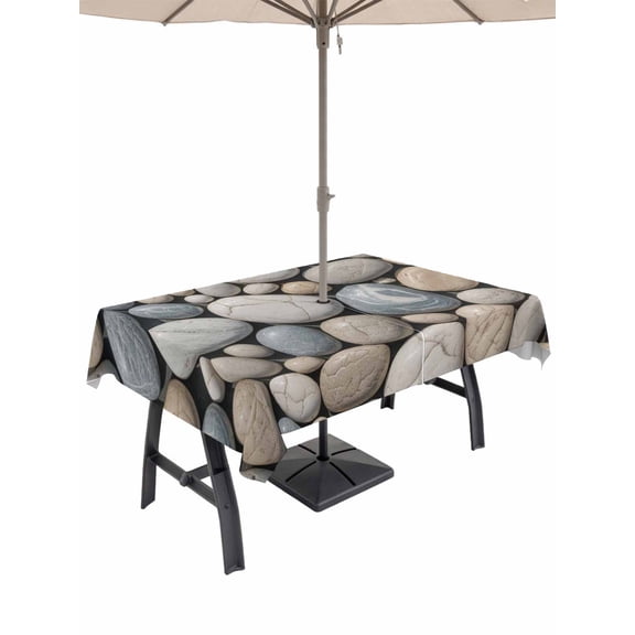 Outdoor Tablecloth with Umbrella Hole for Patio/Picnic/Party/Camping, Pebble Stone Waterproof Table Cloth Rectangle Table Cover Washable, Modern Minimalist Nature Art Aesthetics (60"x 102")