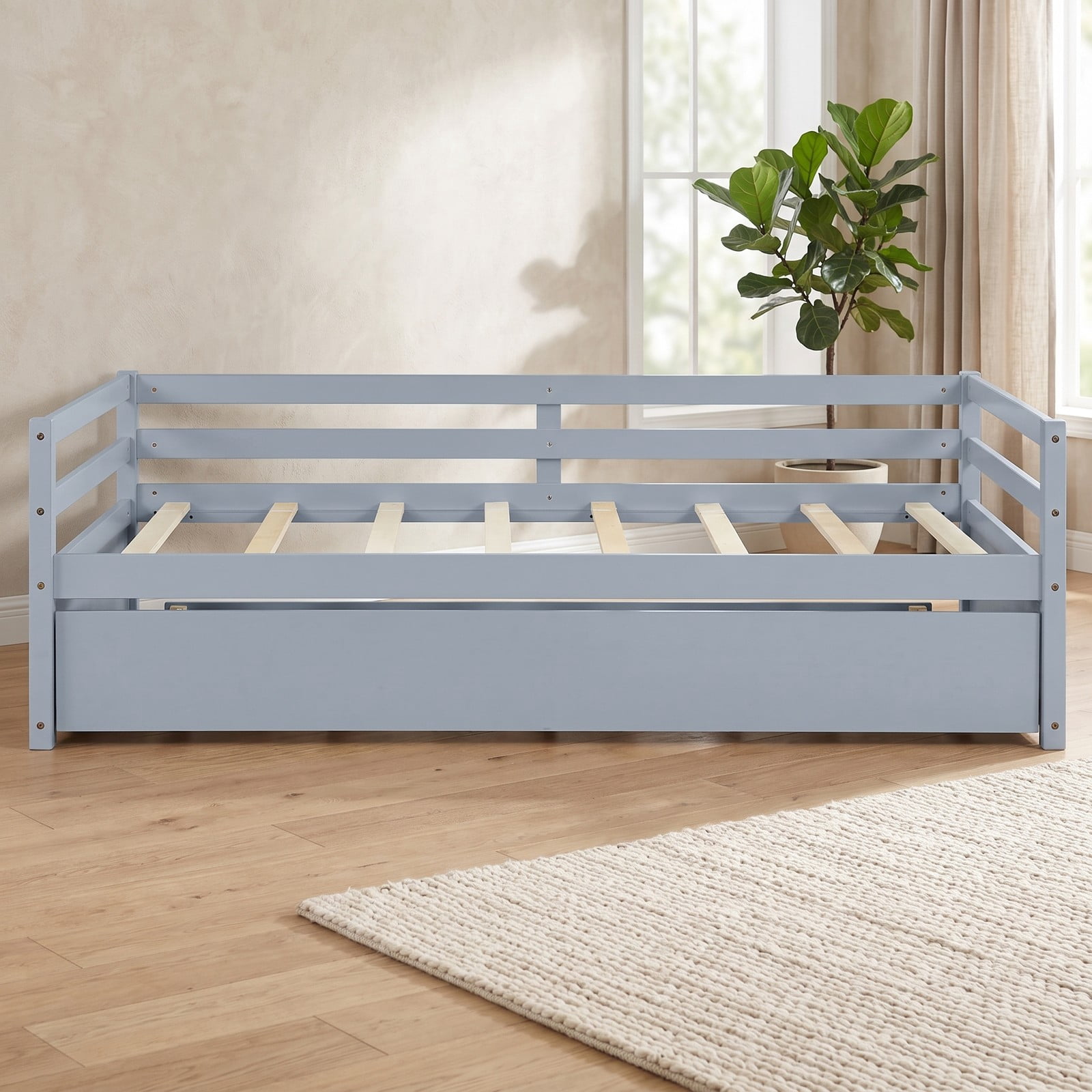 Furnibear Twin Trundle Daybed Frame with Pull Out Trundle and Wooden Slat Support and Side Rails for Bedroom and Guest Room, Gray