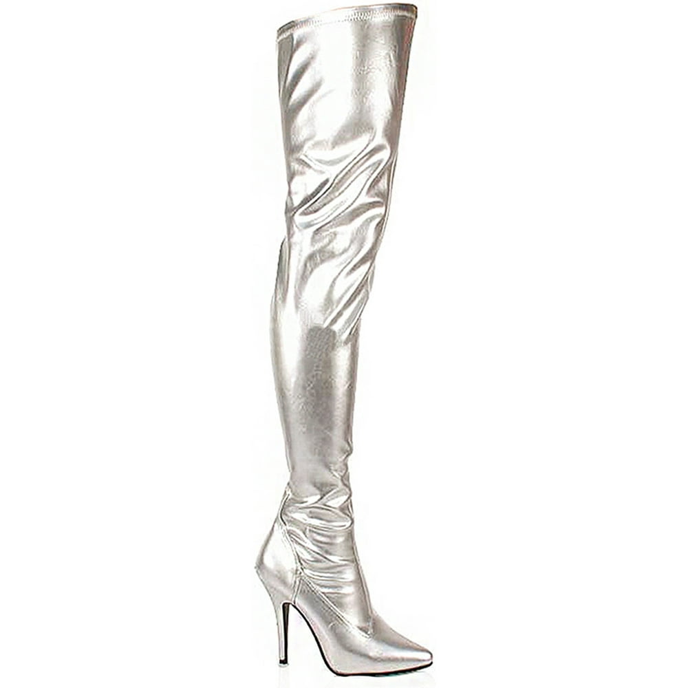 Pleaser 5 Inch Sexy Thigh Hi Boots Stretch Thigh Boot Silver Stretch