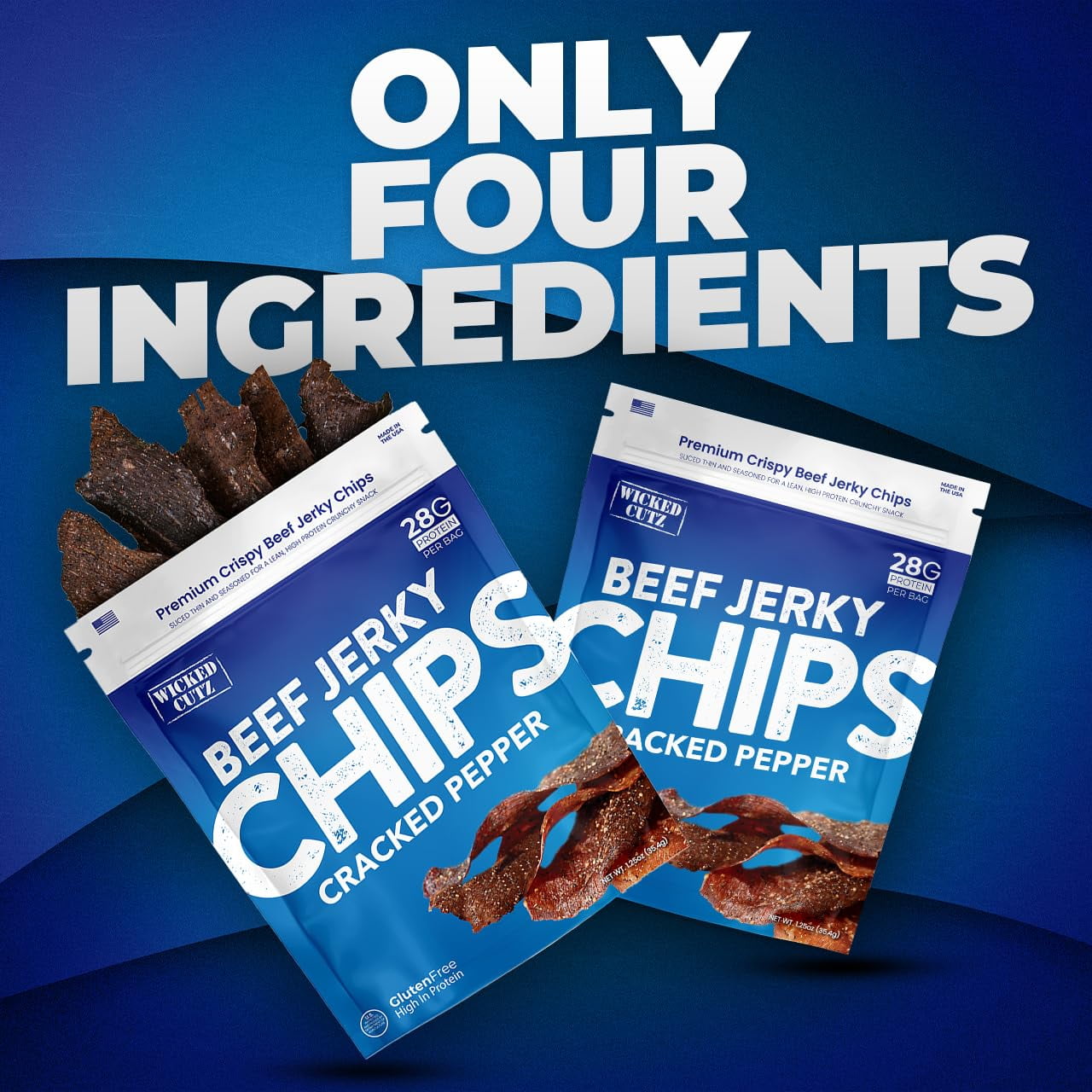 Wicked Cutz Cracked Pepper Beef MDA05&nbsp;Jerky Chips, 28g Protein per Bag, Crispy & Crunchy Beef Jerky Crisps, USA Made Pepper Flavored Chips, High Protein Carnivore Snacks (2 Bags)