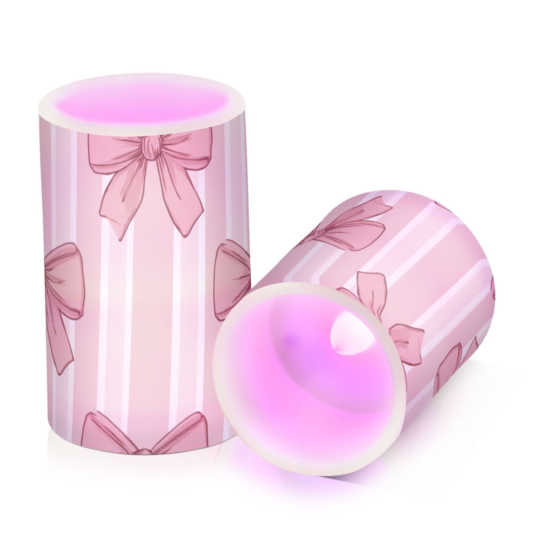 Pink Stripes Bows Flickering Flameless Candles LED Tealight Battery Operated with Remote Set of 2 Holiday Decor Ornaments