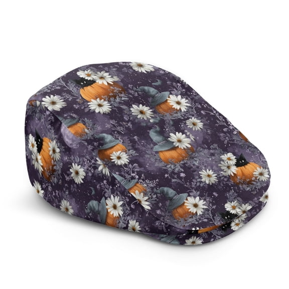 FUIALDOLG Vintage Newsboy Beret for Outdoor Driving, Halloween Pumpkin Daisy Print Polyester Retro Newsboy Hat Soft