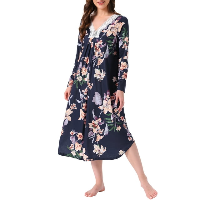 INSPIRE CHIC Vestidos de casa largos de flores para mujeres, camisones de manga larga, pijamas Moomoo, L Azul