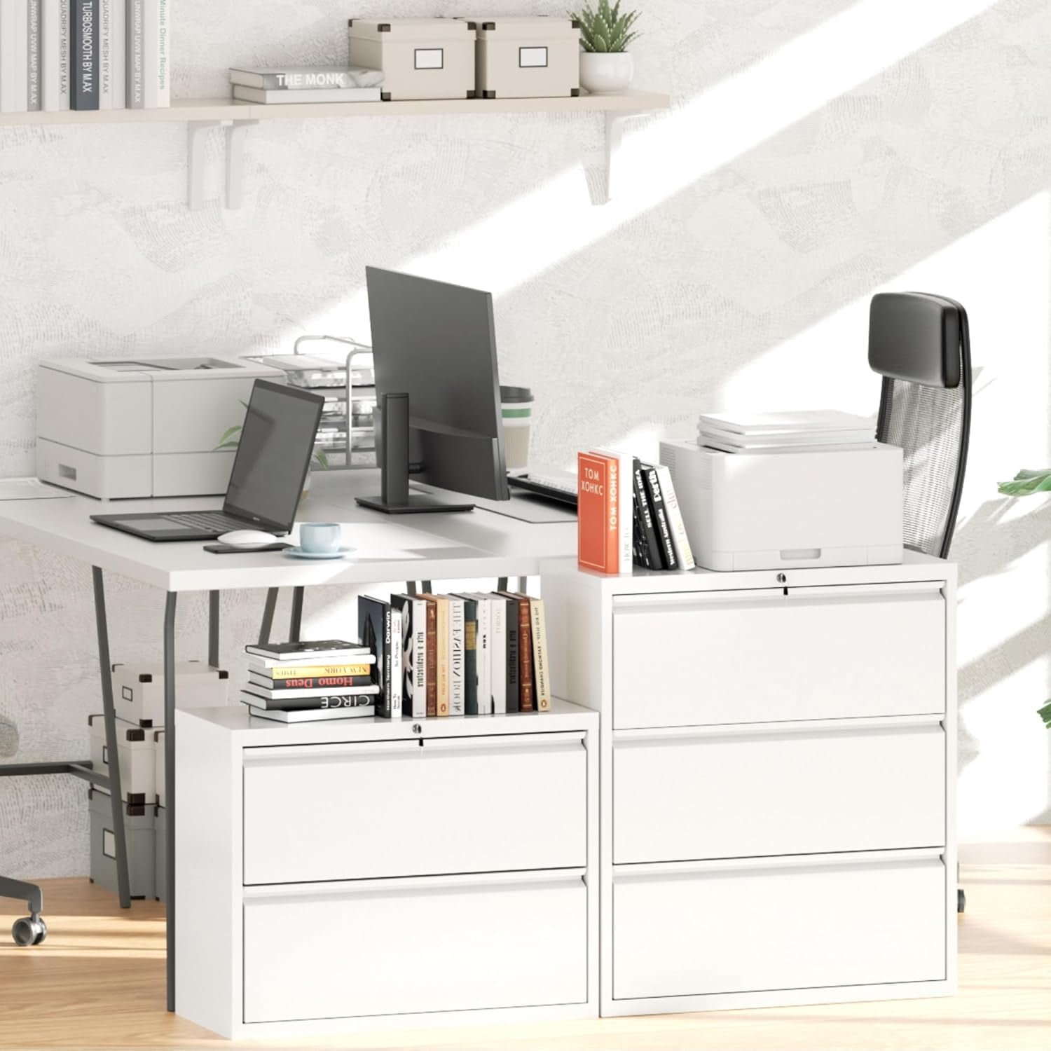 SUNCROWN Lateral File Cabinet 2 Drawer, Lockable Metal Filing Cabinet for Home Office, White Metal File Cabinet with Lock for Legal/Letter/A4/F4 Size with Hanging Bars&Key