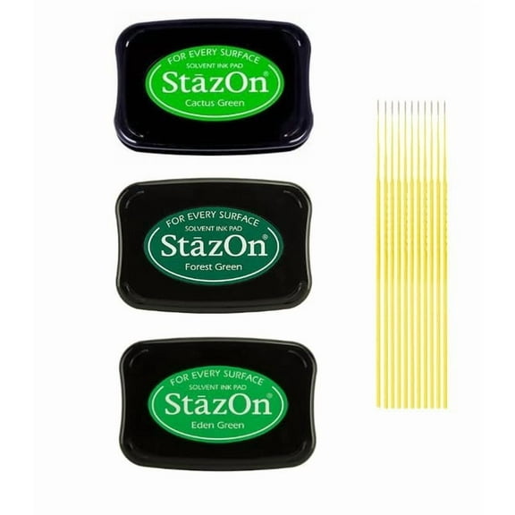 StazOn Multi-Surface Solvent Ink Pad Bundle - 3 Pk StazOn Solvent Ink Pads - Cactus Green, Eden Green, Forest Green - with Trebbies Detail Sticks