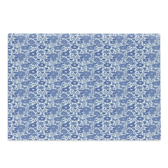 Dutch Cutting Board, Delft Style Flowers in Doodle Style Abstract Petals Leaves Butterflies, Decorative Tempered Glass Cutting and Serving Board, Large Size, Violet Blue and White, by Ambesonne