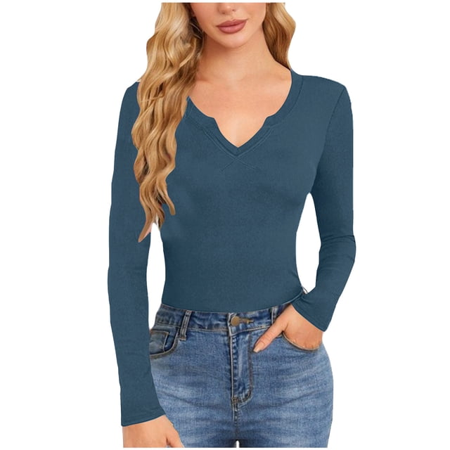 Timegard Going out Tops for Women Long Sleeve V Neck T Shirts Causal Solid Color Slim Fitted Basic Blouses
