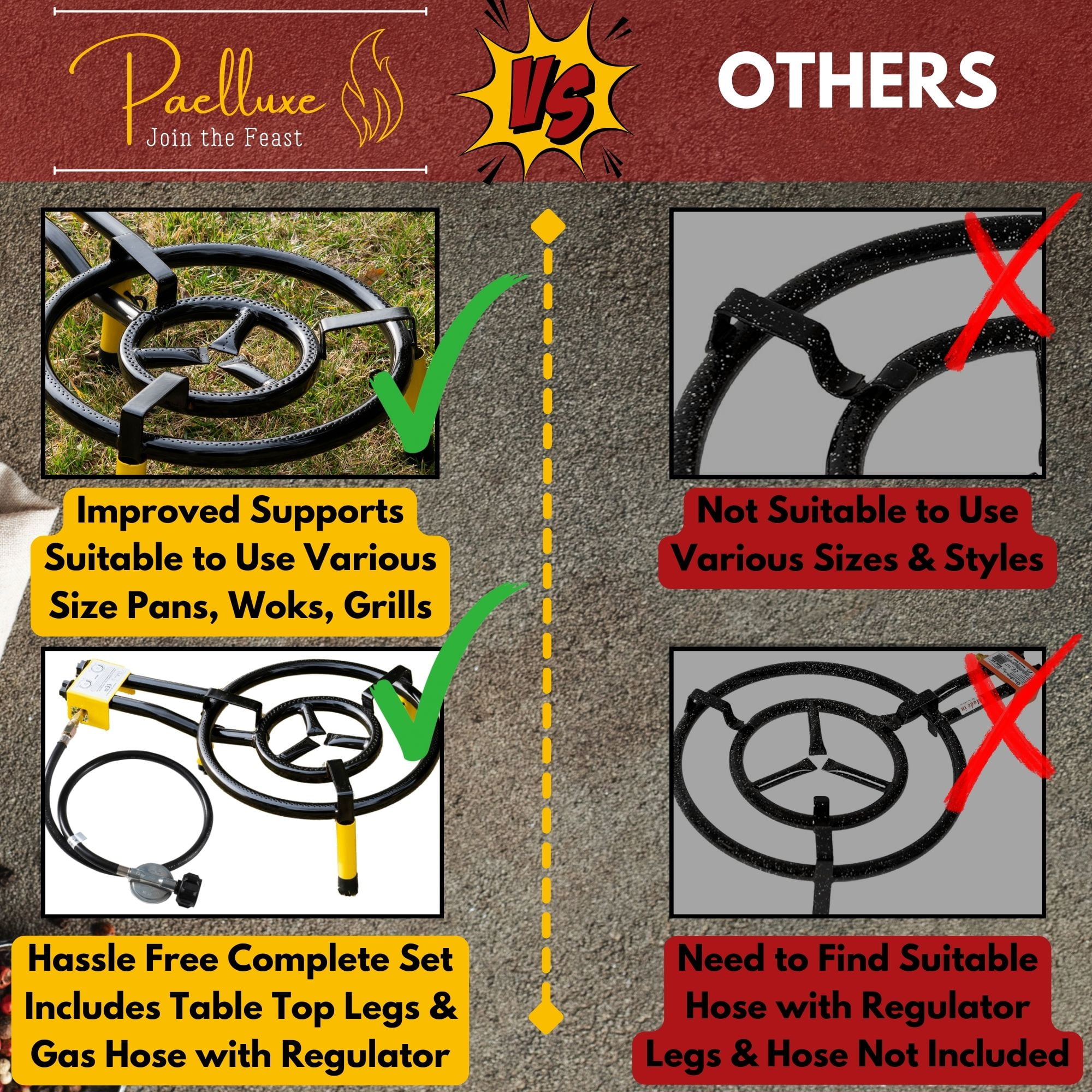 Paella Burner and Stand Set 16 Inch Dual Ring Propane Burner Outdoor Stove with Table Top Stand & Regulator, Portable Gas Cooker Wok Burner for Camping, Crawfish Boil Cooking Outdoor Paellera