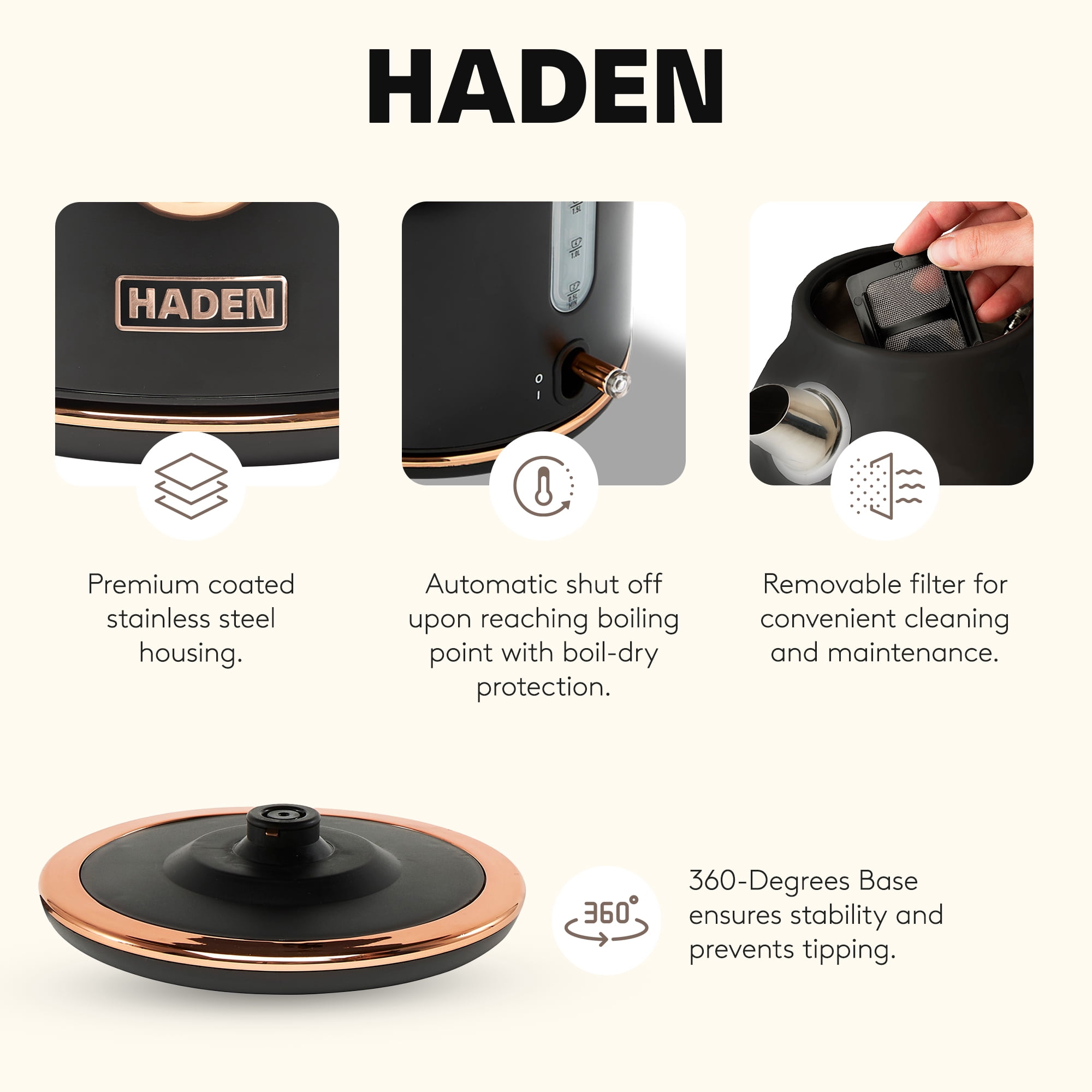Haden Dorset 1.7 Liter Stainless Steel Electric Kettle, Black / Copper - 75070