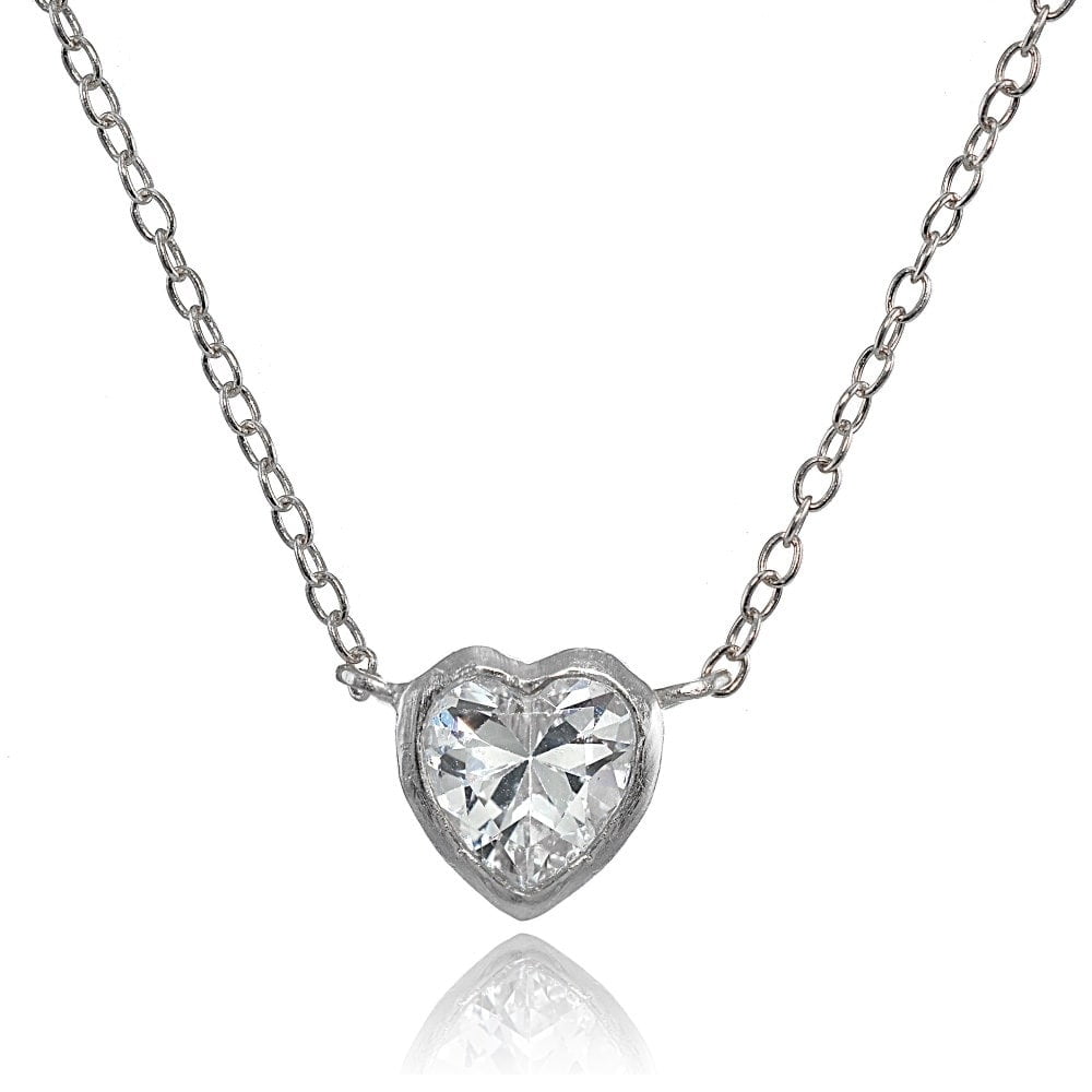 16 Sterling Silver Cubic Zirconia 6mm Heart Solitaire Necklace 2 Extender 