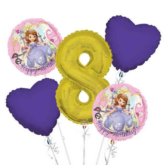 Sofia the First Balloon Bouquet 8th Birthday 5 pcs - Party Supplies