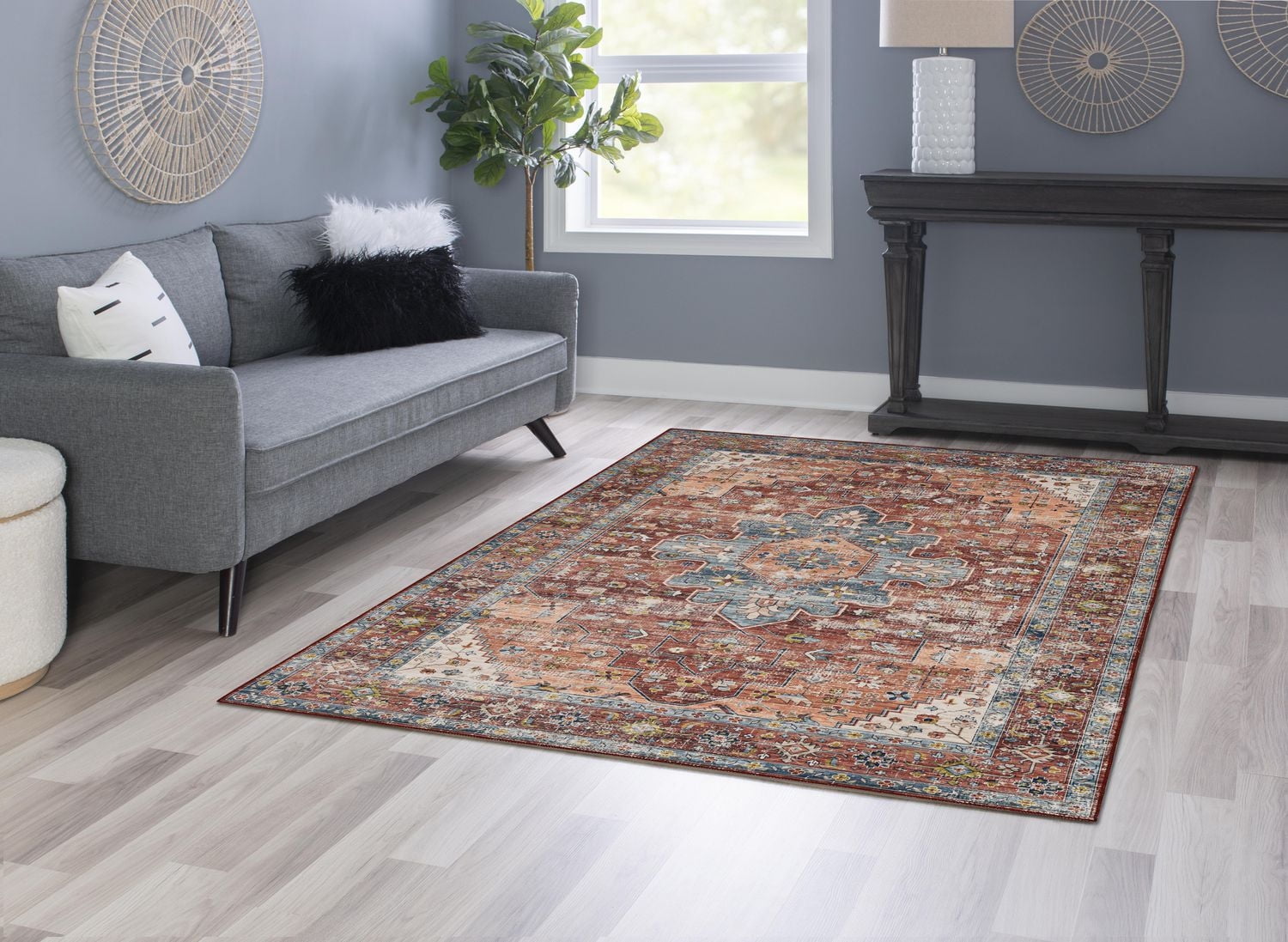 Carter 5' x 7' Washable Area Rug, Rust and Ivory