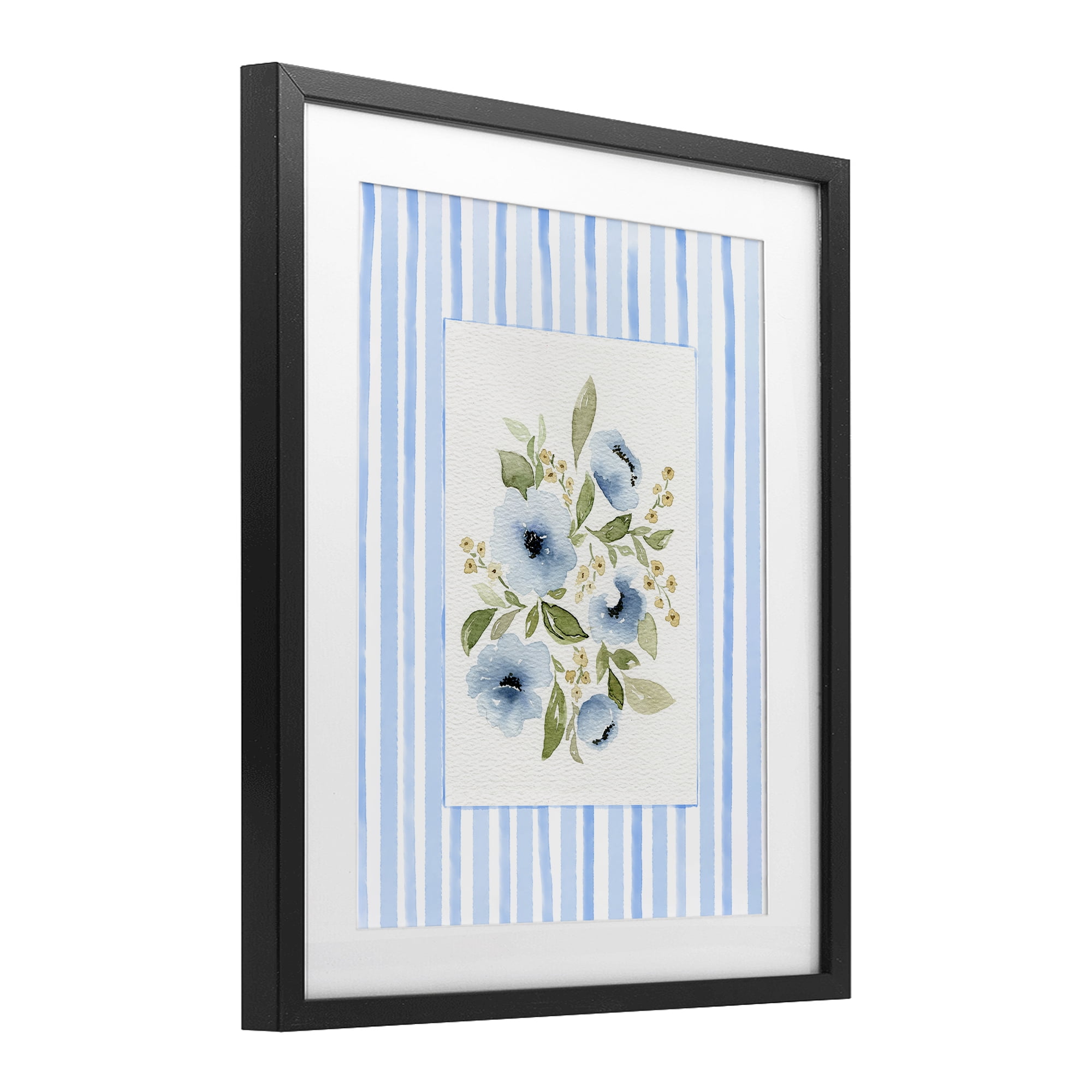 Stupell Industries Flowers with Blue Stripes Black Framed Print Under Glass, design by Leah Noel Art