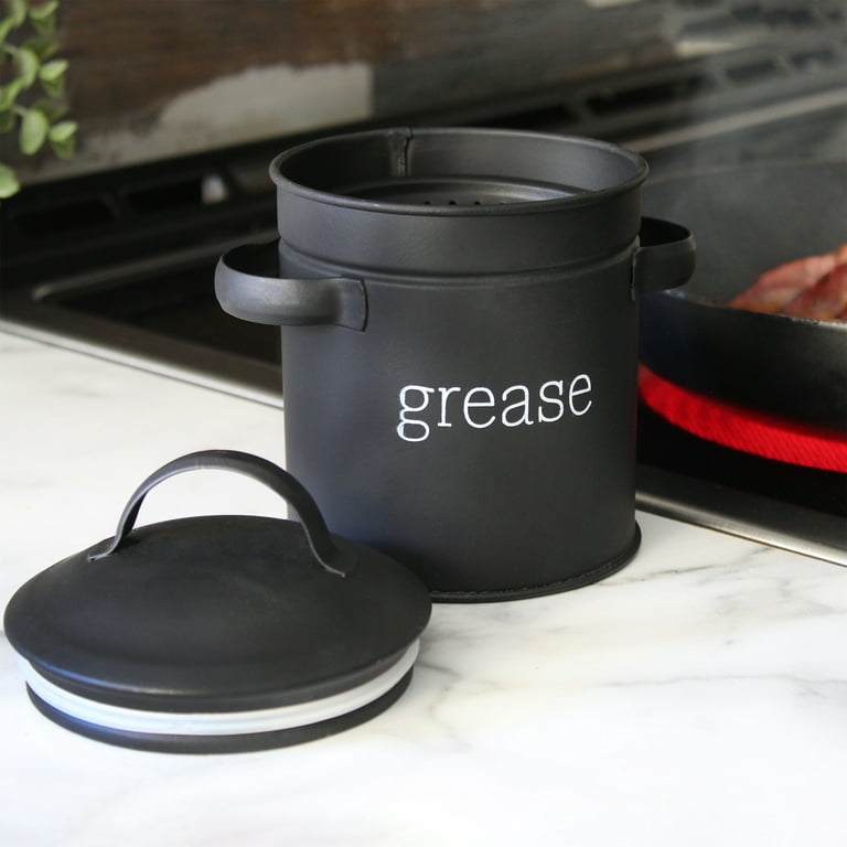 AuldHome Enamelware Grease Container with Strainer (Black), Farmhouse Style  Kitchen StorageTin, Labeled “Grease” 
