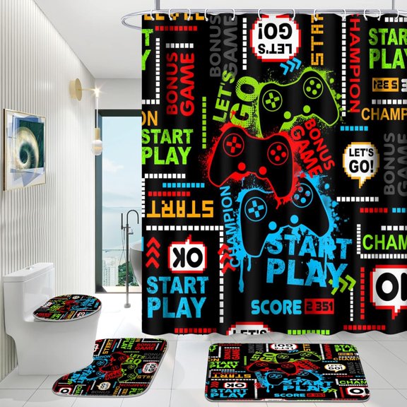 Kid Bathroom Set, 4 Piece Gamepad Shower Curtain Set with Rugs, Include Premium Shower Curtain, Soft Bathroom Non-Slip Floor Mat, U-Shaped Bath Rug and Toilet Cover Lid with 12 Hooks