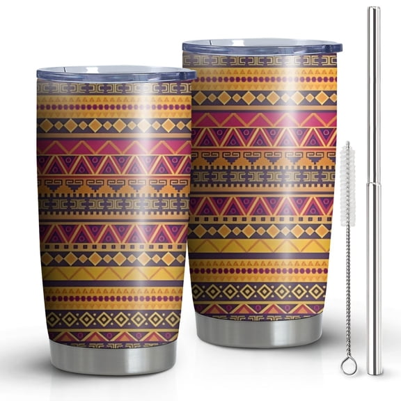 20oz Tumblers Boho Yellow Ethnic Geometric Pattern Stainless Steel Vacuum Insulated Double Wall Travel Tumbler Cups Mug with Lid and Straw,Cleaning Brush for Cold & Hot Drinks