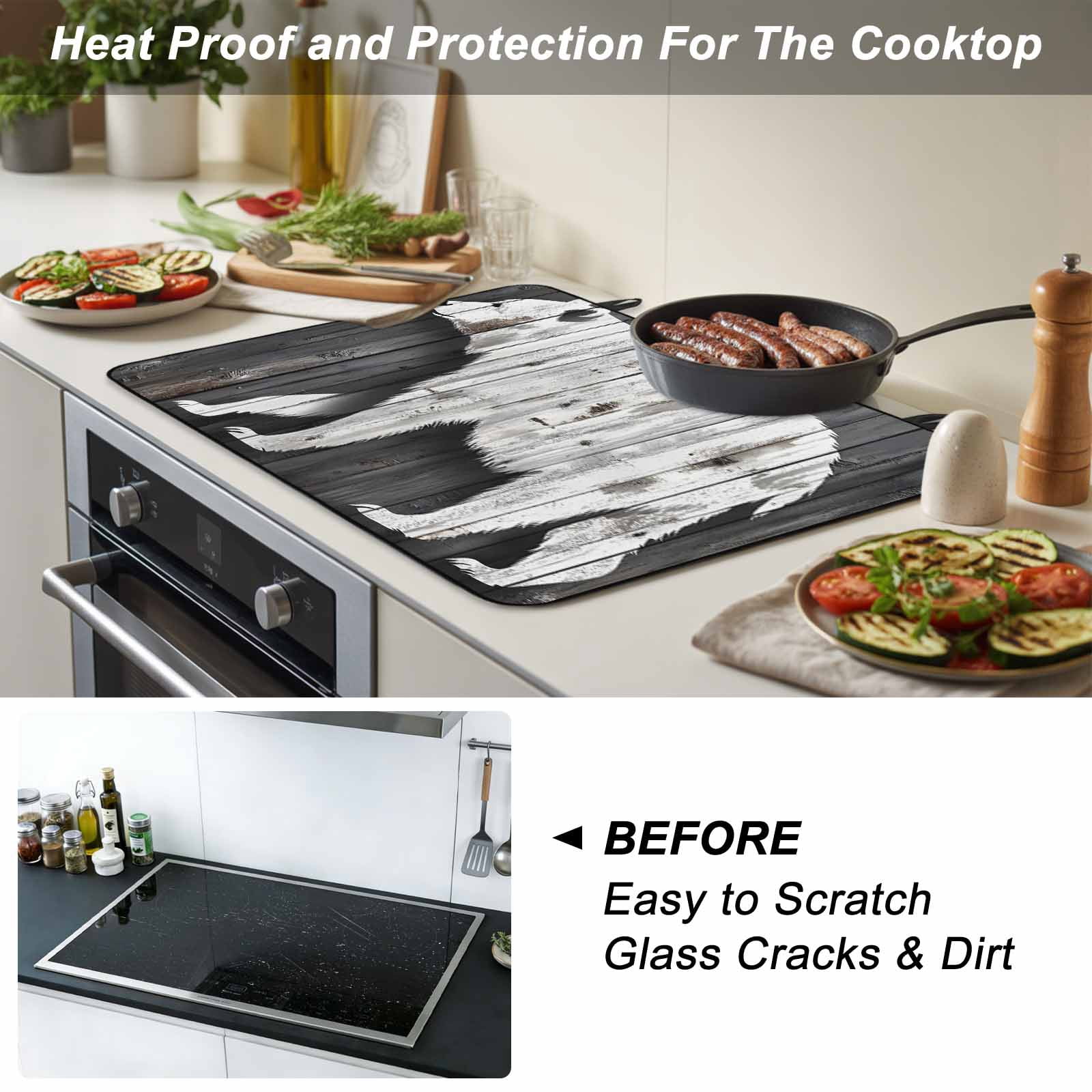 Vintage Bear Stove Top Cover for Electric Stove, Heat-proof & Non Slip Glass Top Stove Cover Protector, Retro Farmhouse Country Wooden Grain Kitchen Flat Cooktop Rubber Mat 24x21 Inches