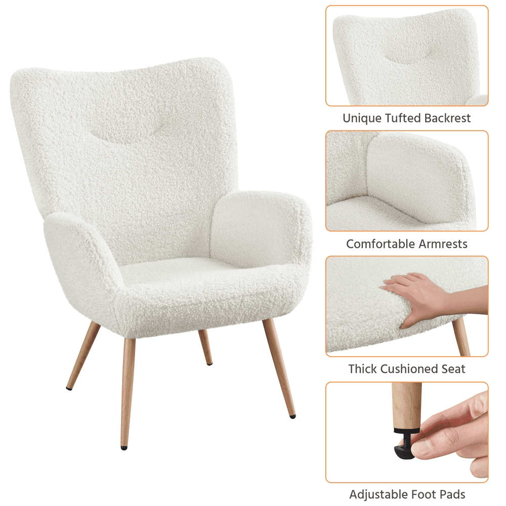 Renwick Mid-Century Modern Wingback Accent Chair, White Boucle