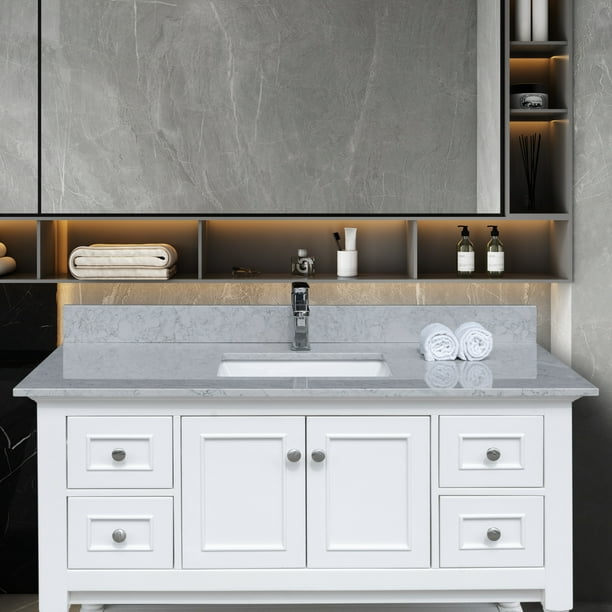 43 Inches Bathroom Stone Vanity Top Calacatta Gray Engineered Marble Color With Undermount Ceramic Sink And Single Faucet Hole Backsplash Com - Bathroom Vanity Top Without Backsplash