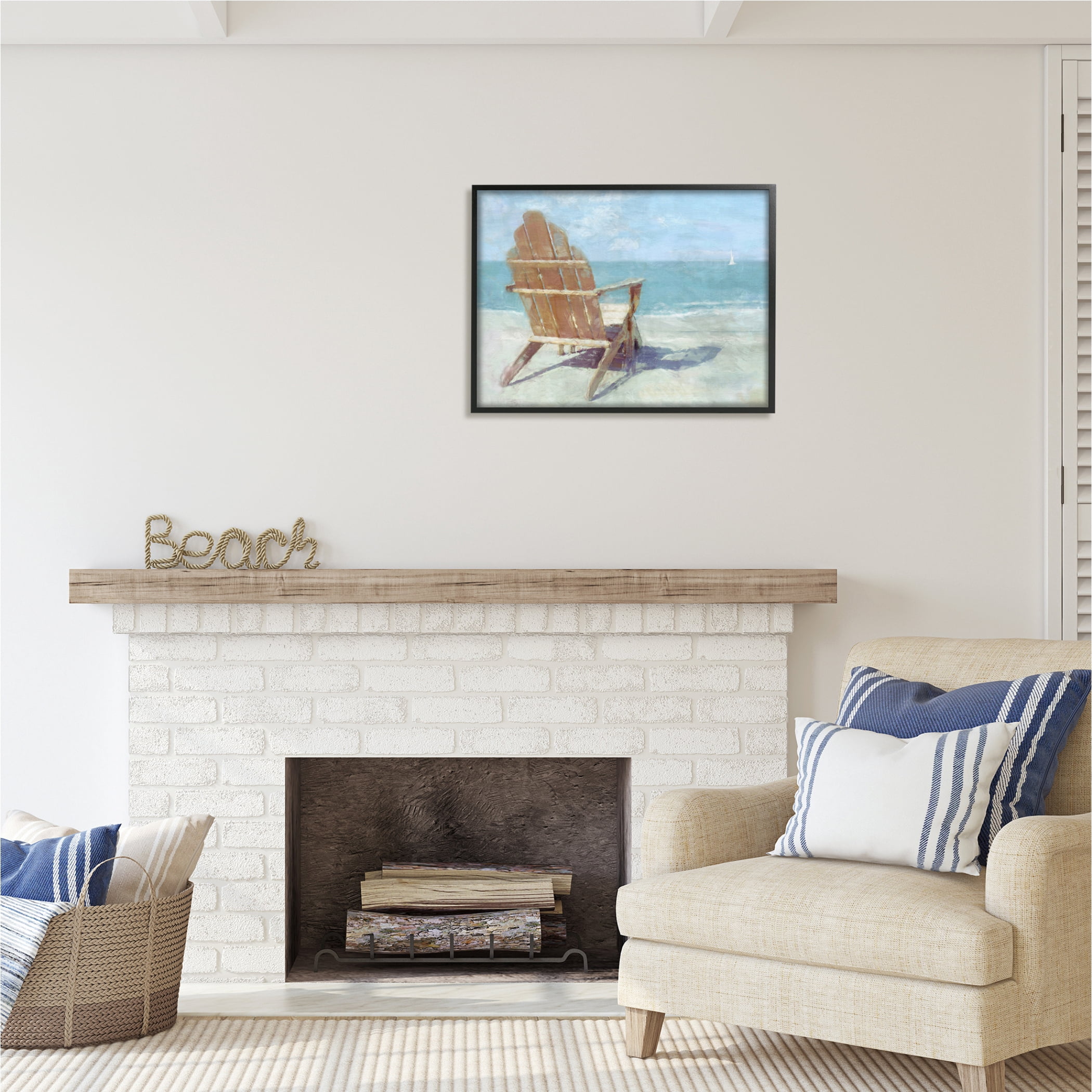 Stupell Industries Beach Chair by Shore Nature Painting Black Framed Art Print Wall Art, 30 x 24
