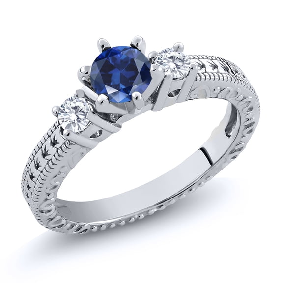 Gem Stone King 925 Sterling Silver 3-Stone Ring Set with Round Blue Created Sapphire and Moissanite (0.80 Cttw, Size 6)