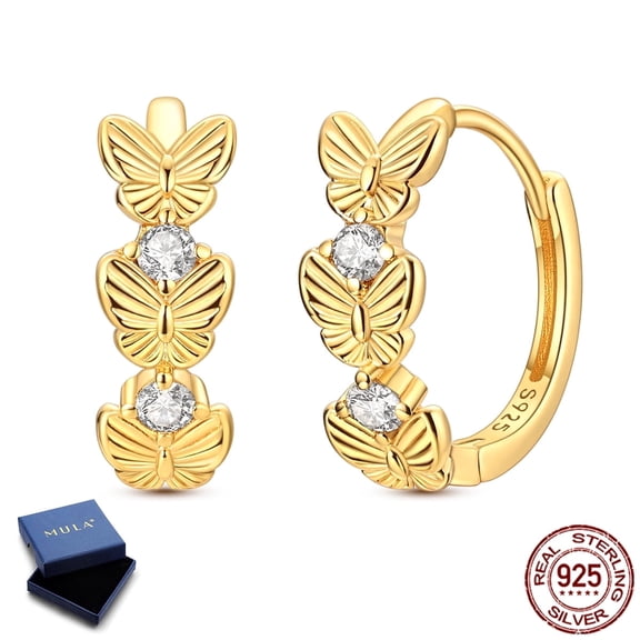 MULA 925 Sterling Silver Gold plated Butterfly Hoop Earrings, Sparkling AAA CZ Jewelry Gifts for Her