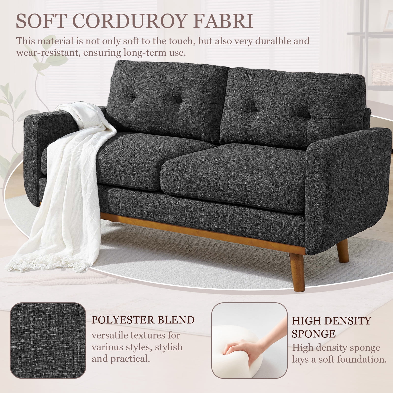 MOONMISS 67" Velvet Loveseat Couch, Modern Small Sofa With Walnut Wood Legs 2-seater Fabric Upholstered Mini Sofa Couches For Small Space,living Room Bedroom Office Dorm Apartment,Dark Gray