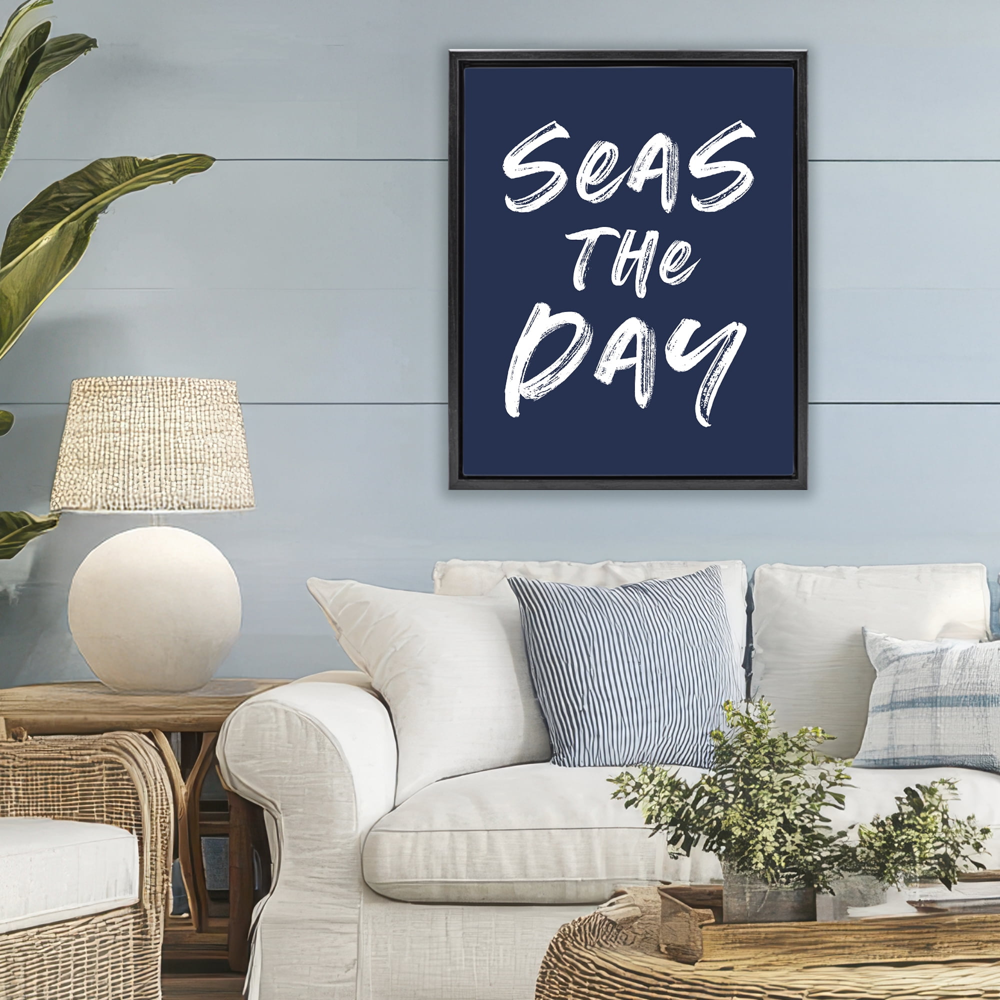 Seas The Day Sentiment Black Framed Floater Canvas Wall Art, design by Lettered and Lined