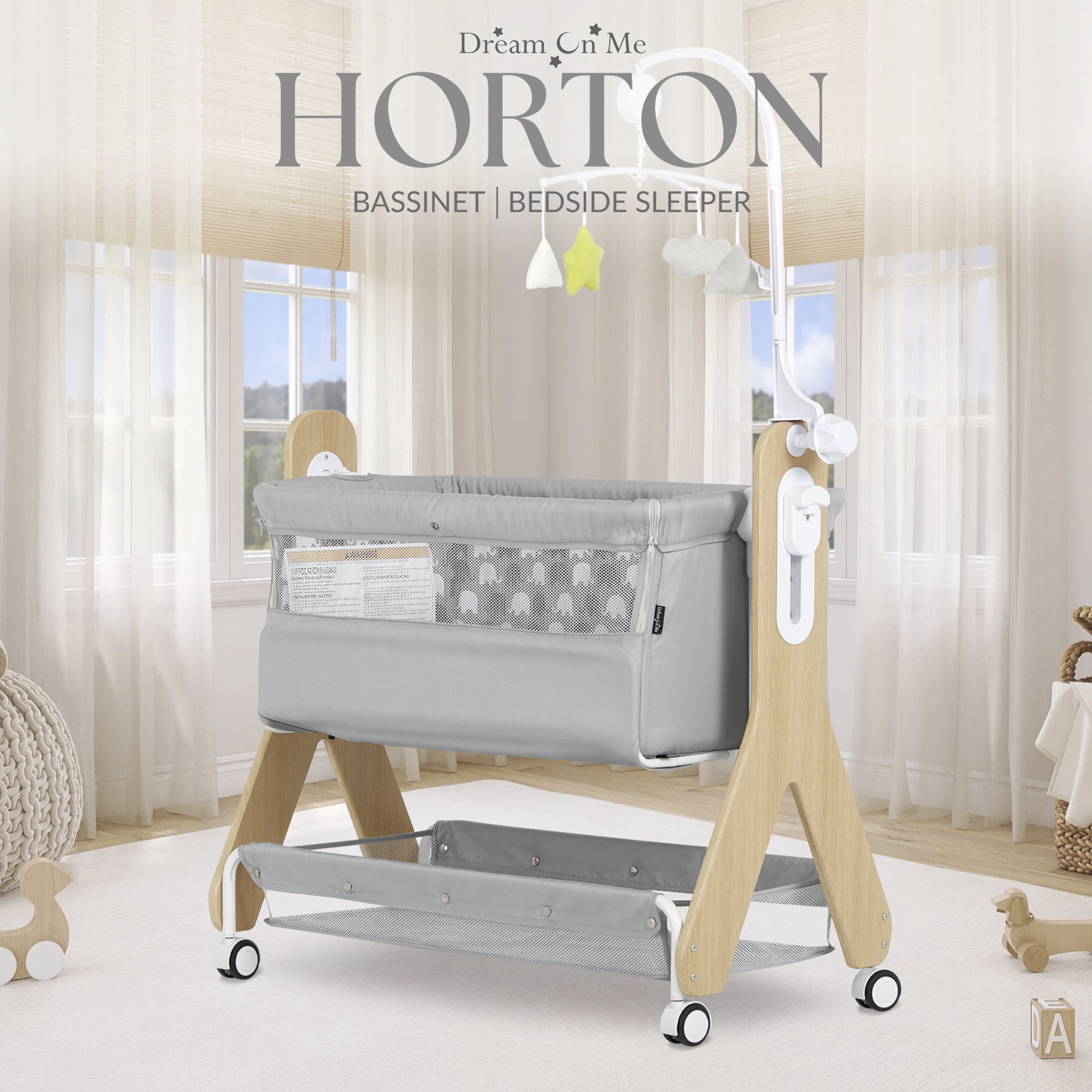 Dream On Me Horton Bassinet and Bedside Sleeper for Newborn In Gray, Large Storage Area
