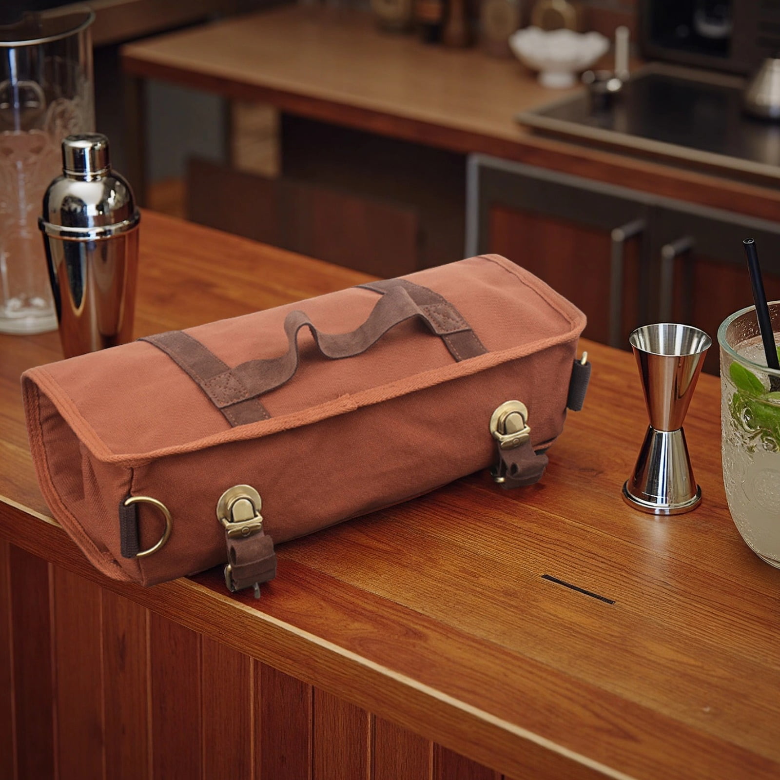 Portable Tool Bag, Vintage Canvas Cocktail Kit Organizer with Multi-Pockets & Shoulder Strap, Compact Roll-Up Bar Accessories Case