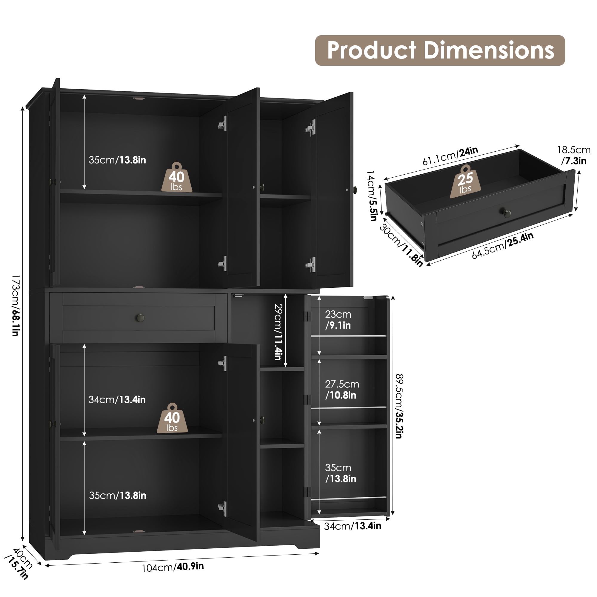 Homfa Kitchen Pantry Storage Cabinet, 68" Food Pantry Cabinet with Drawer and Door Shelf, 6 Door Freestanding Cupboard Buffet for Dining Room, Black