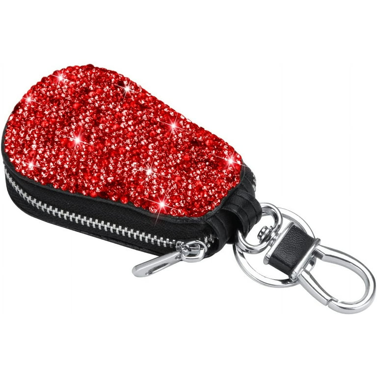Eing Car Key Case Leather Auto Smart Keychain Holder Metal Hook and Keyring Zipper Bag for Remote Key Fob, Bling Crystal Key Ring with Pouch Bag