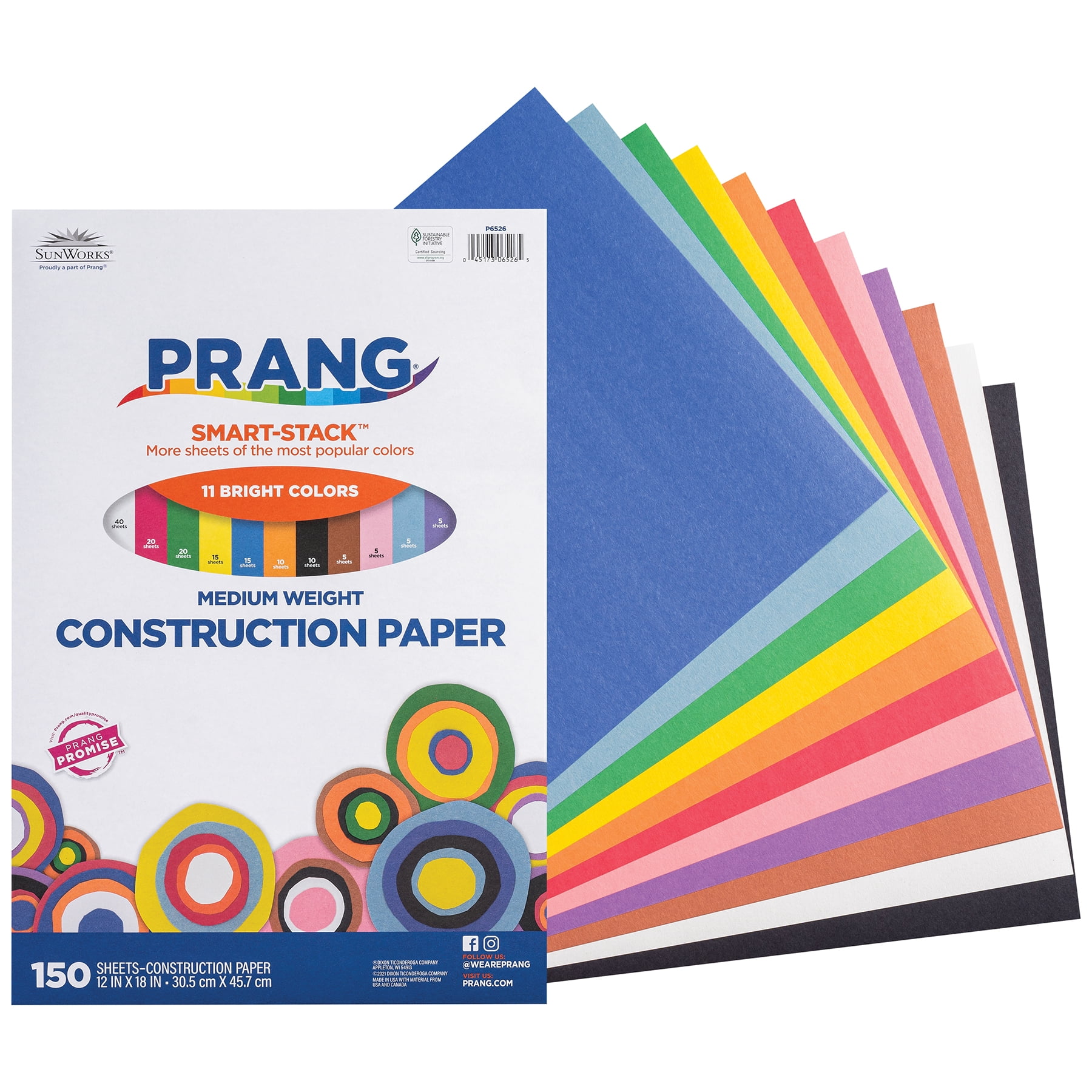Prang Smart Stack Construction Paper, Medium Weight, 11 Assorted Colors, 12" x 18", 150 Sheets Per Pack, 2 Packs