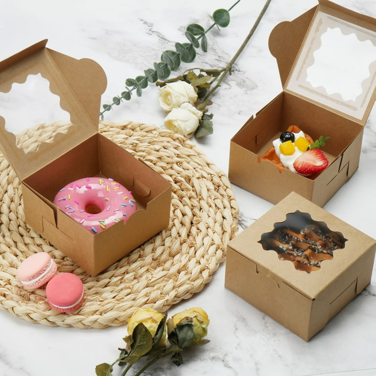 60-Pack White Bakery Boxes 4x4x2.5 Inches With Window - Pastry & Cookie Boxes For Baked Goods