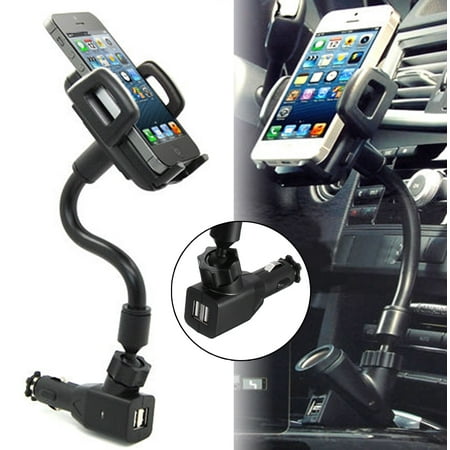 3-in-1 Cigarette Lighter Phone Holder Cradle Gooseneck Car Mount Charger w/ Dual USB 5V 2A Charging Ports for iPhone XS X 8 8 Plus 7 7 Plus 6 6s Plus, for Samsung Galaxy S10 S9 S8