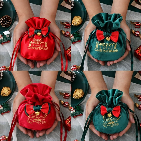 WKSCLPAI Merry Pouch Christmas Drawstring Bags, Thickened Velvet Christmas Eve Bags Bulk with Bow and Bell Decoration, Xmas Eve Peace Apple Candy Wrapping Gift Bag for Party Favors, Green D
