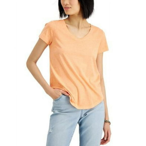 MSRP $20 Style & Co Women Burnout V-Neck T-Shirt Orange Size Small