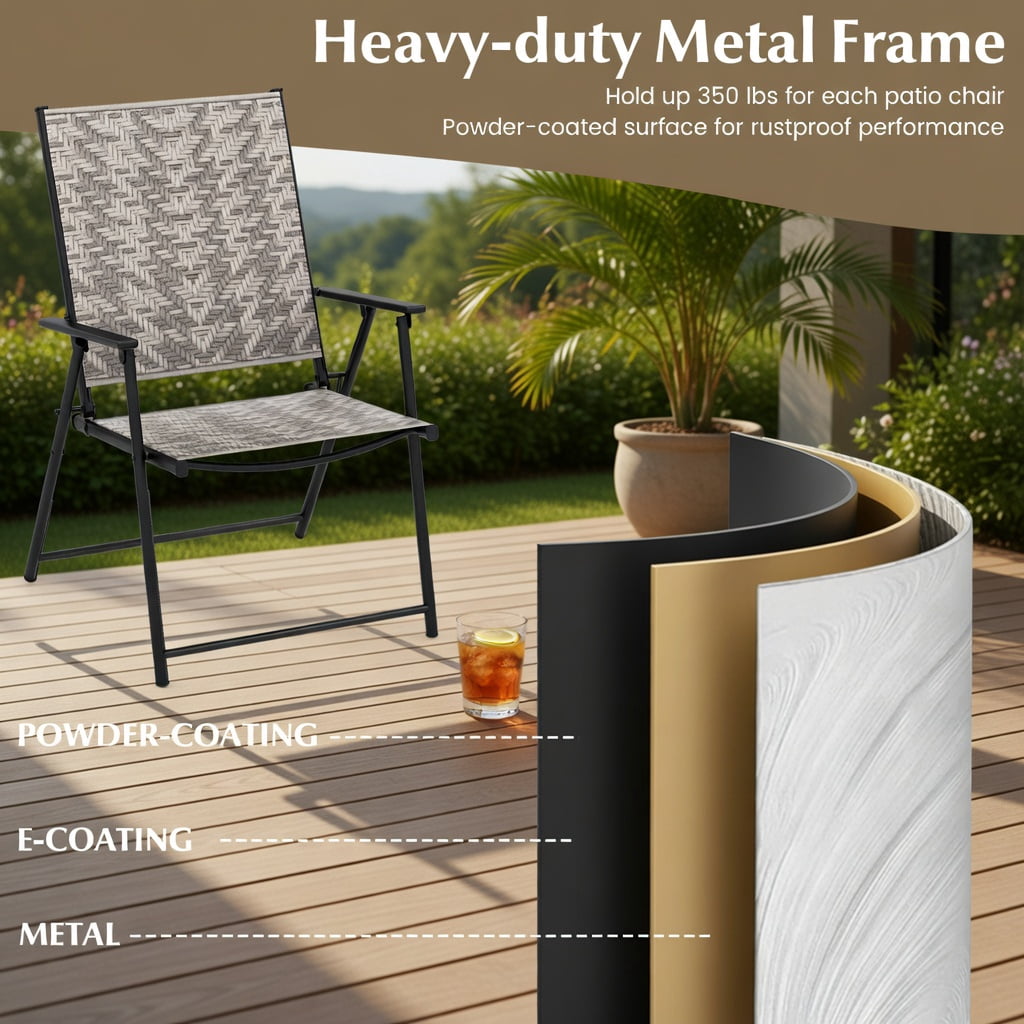 Hommoo 4-Pack Folding Patio Chairs with Armrests, Heavy-Duty PE Rattan & Steel Frame, Rust-Resistant Outdoor Lawn Chairs for Backyard, Garden, Poolside, Gray
