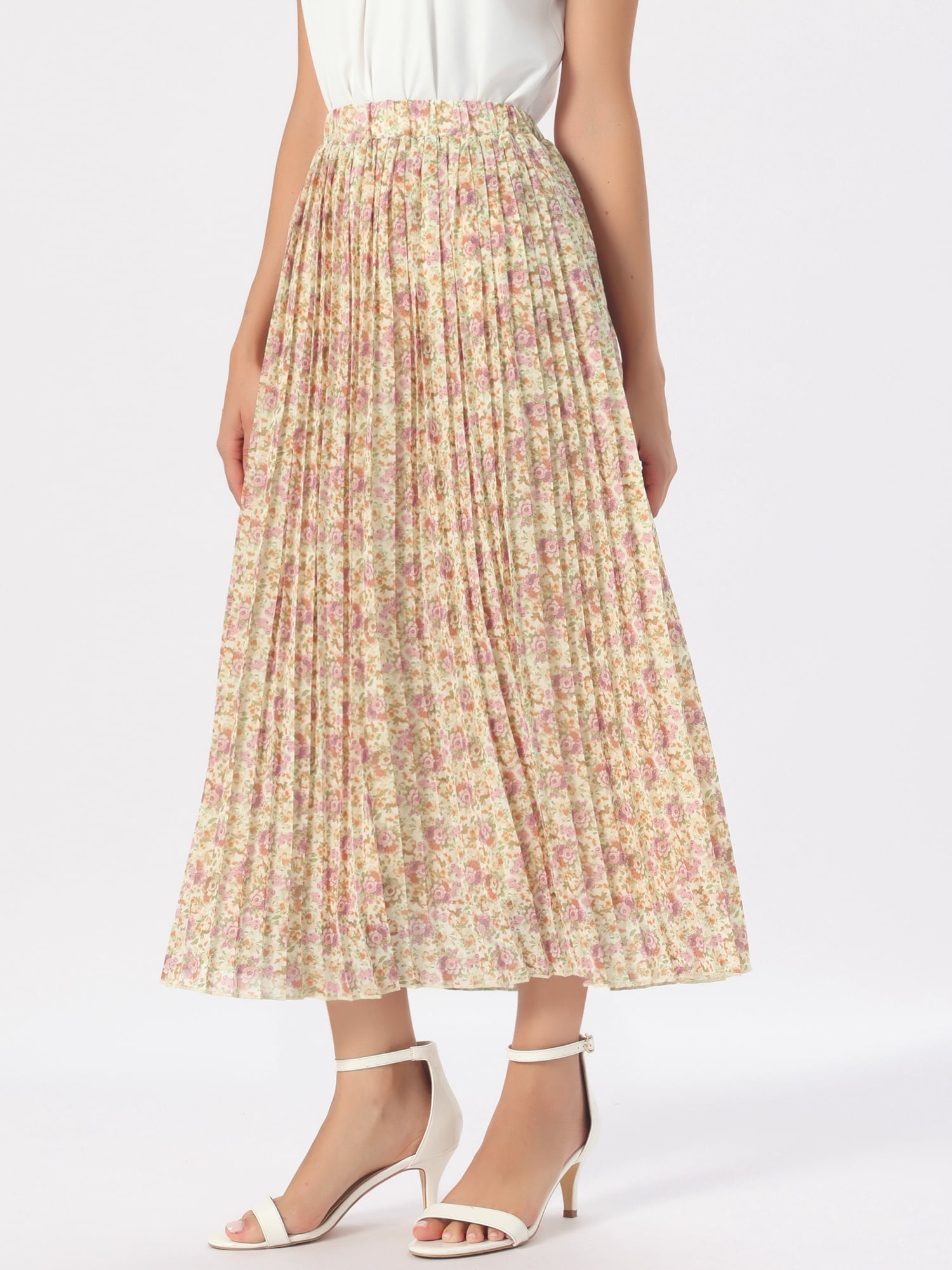 DARING DIVA Women's A-Line Elastic Boho Summer Floral Print Midi Skirts XS Apricot