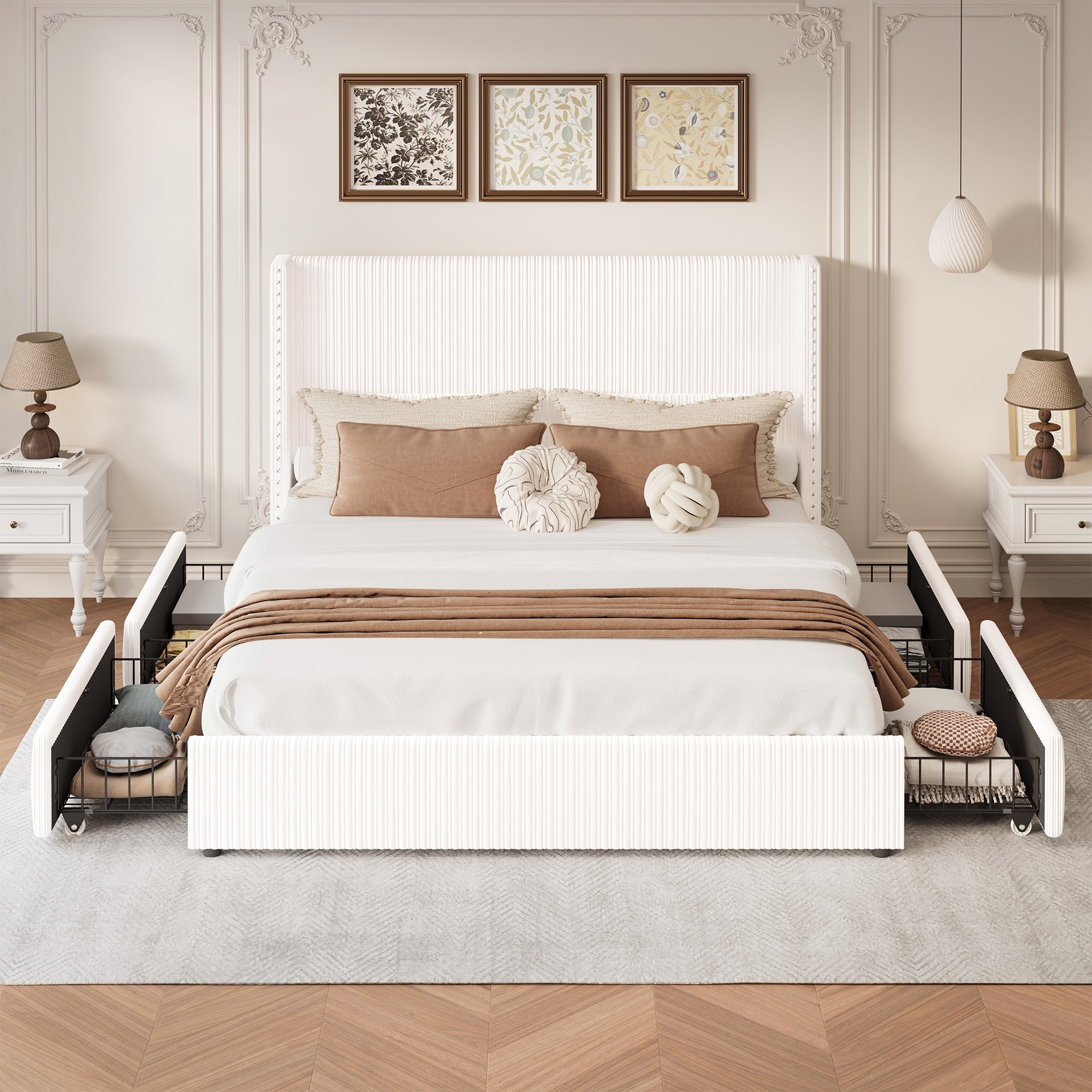 Larmace Upholstered Corduroy Bed Frame King Size with 4 Storage Drawers,Platform Bed Frame with Vertical Stripe Wingback Headboard,Beige