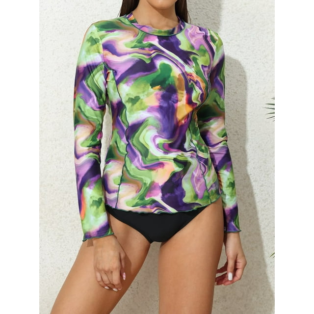 Charmo Women's Long Sleeve Rash Guard Tie Dye UV Protection Swim Shirt UPF 50