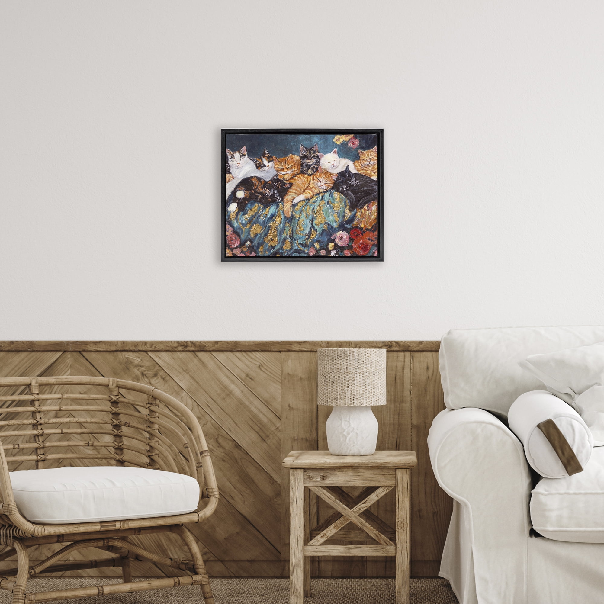 Sleepy Kitty Crowd with Flowers Black Framed Floater Canvas Wall Art, design by Sara Culpepper