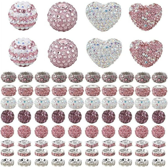 1 Box 98pcs Valentines Rhinestone Beads Clay Disco Beads Polymer Clay Hot Pink White Glass Rhinestone Shinny Round Heart Rondelle Shape Spacers for Jewelry Making Beadable Pens DIY Multi-color