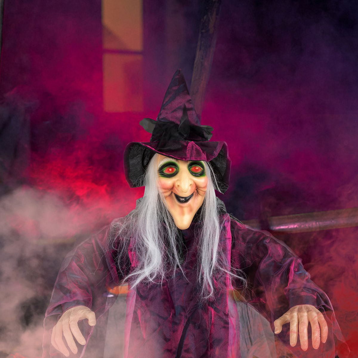 71IN Life Size Hanging Witch Talking Halloween Decoration with Touch-Activated Sound and Light