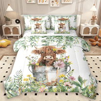 Manfei Cute Highland Cow Bedding Comforter Set 7 Pieces, Green Flower Floral Queen Bedding Sets, Farm Animal Queen Sheet Sets,Luxury Bedroom Decor
