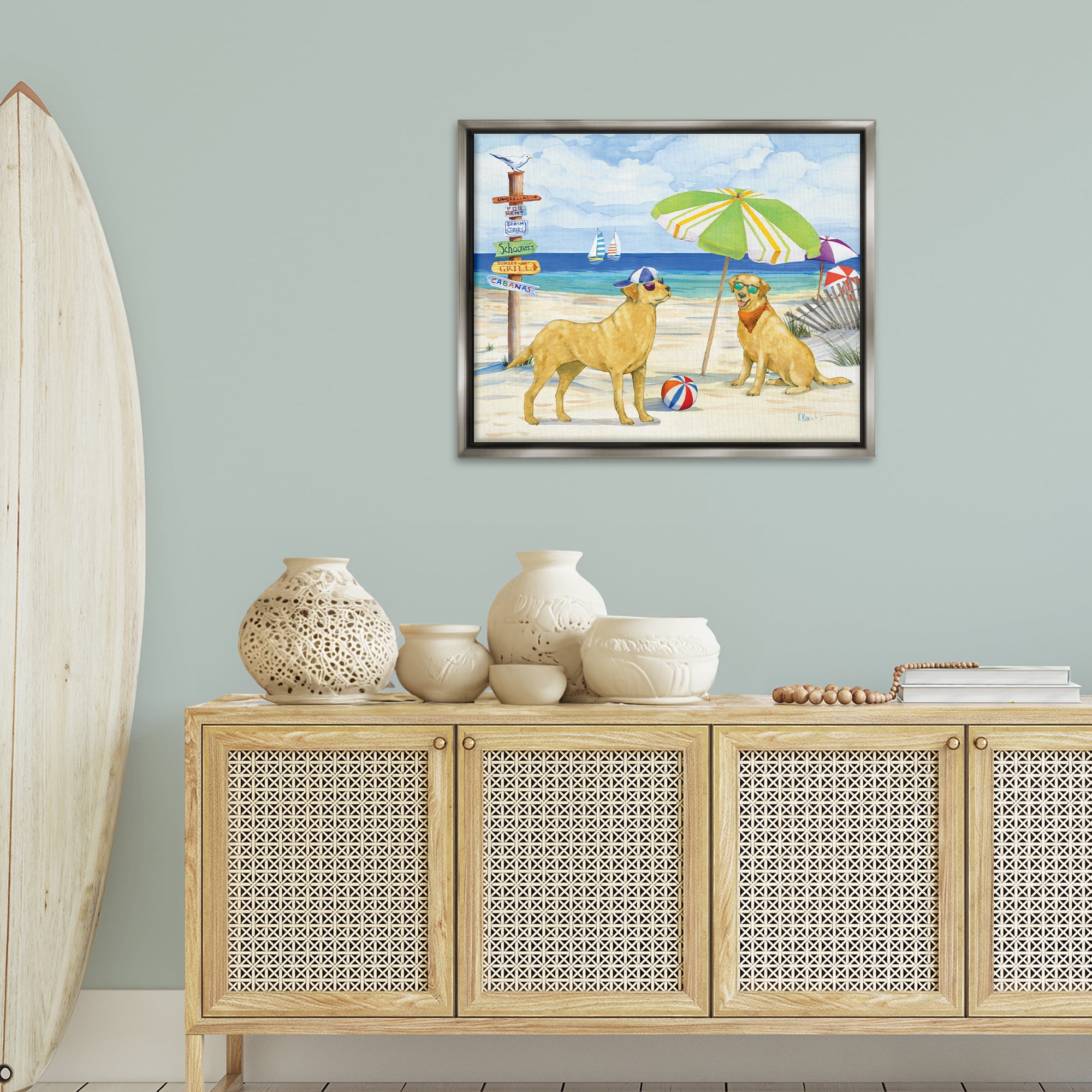 Stupell Industries Dog Day At Beach Animals & Insects Painting Gray Floater Framed Canvas Art Print Wall Art, 31 x 25